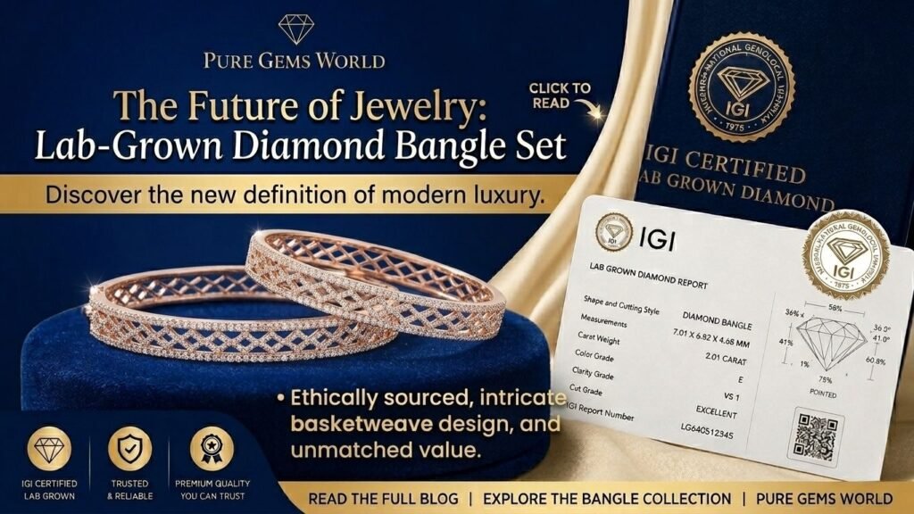 Elegant IGI certified lab-grown diamond bangle set in rose gold with intricate basketweave design displayed on a blue velvet stand by Pure Gems World.