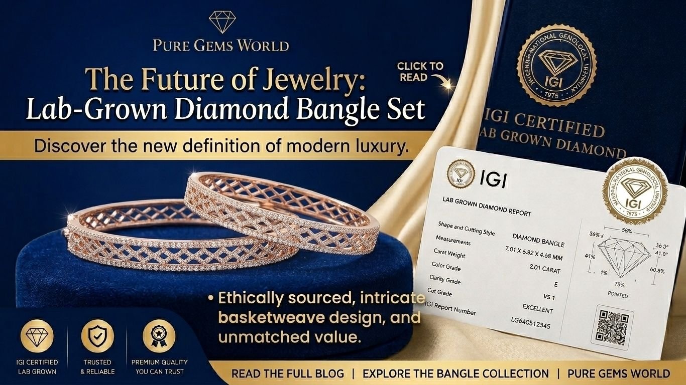 Elegant IGI certified lab-grown diamond bangle set in rose gold with intricate basketweave design displayed on a blue velvet stand by Pure Gems World.