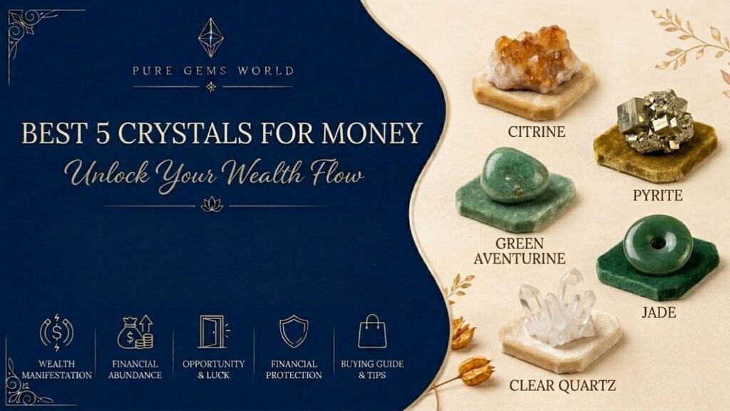 Infographic by Pure Gems World featuring the best five crystals for money and wealth, including Citrine, Pyrite, Green Aventurine, Jade, and Clear Quartz, with benefits like financial abundance, luck, wealth manifestation, and financial protection.