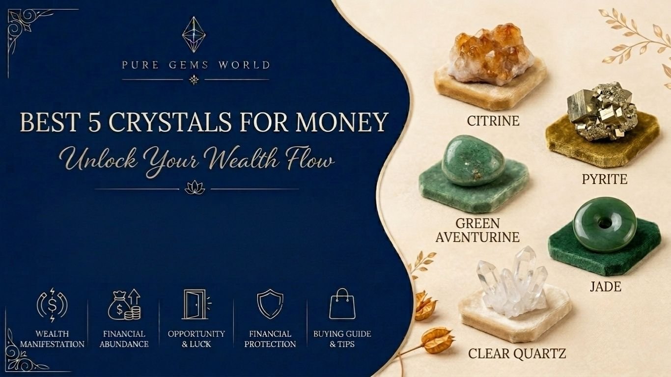 Infographic by Pure Gems World featuring the best five crystals for money and wealth, including Citrine, Pyrite, Green Aventurine, Jade, and Clear Quartz, with benefits like financial abundance, luck, wealth manifestation, and financial protection.