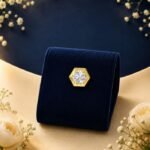 Premium 1 carat hexa dic solitaire diamond men’s ear stud in 18K gold with D color VVS2 certified diamond shown in front, side, top and angled view