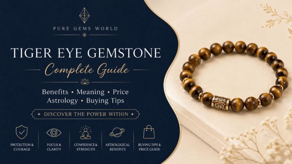 Tiger Eye Gemstone complete guide showing a natural Tiger Eye bracelet with benefits, meaning, price, astrology, and buying tips by Pure Gems World.