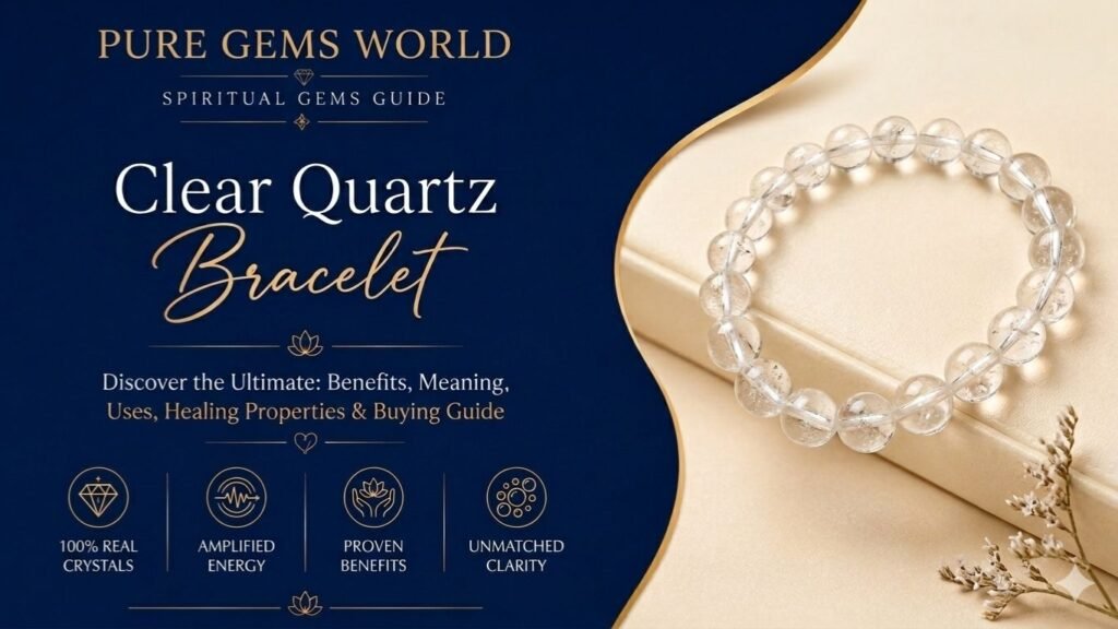 Natural Clear Quartz Gemstone Bracelet showcasing transparent crystal beads with benefits, meaning, healing properties, uses, and complete buying guide.