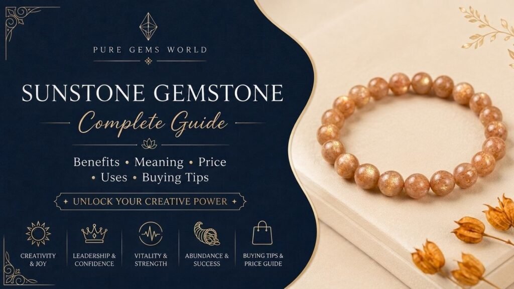 A premium infographic for 1.jpg showcasing the Sunstone gemstone bracelet with details on its benefits including creativity, leadership, vitality, and abundance.