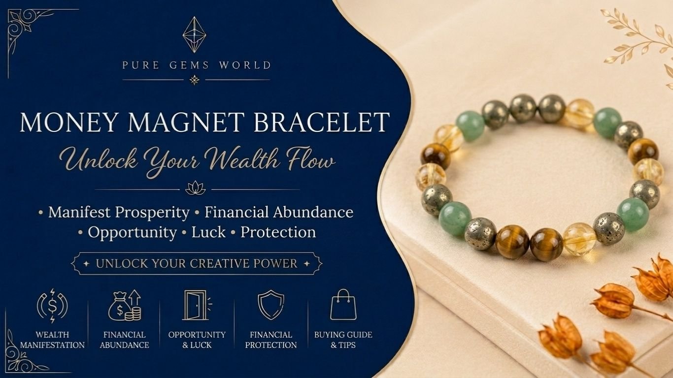 Money Magnet Bracelet by Pure Gems World featuring Citrine, Pyrite, Green Aventurine, and Tiger Eye crystals for wealth attraction, financial abundance, prosperity, luck, and positive energy.