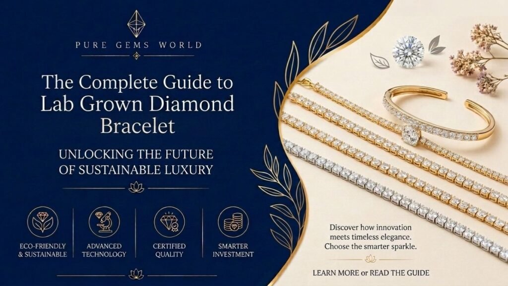 Premium lab grown diamond bracelet guide by Pure Gems World featuring certified gold and white gold diamond bracelets with sustainable luxury jewelry.