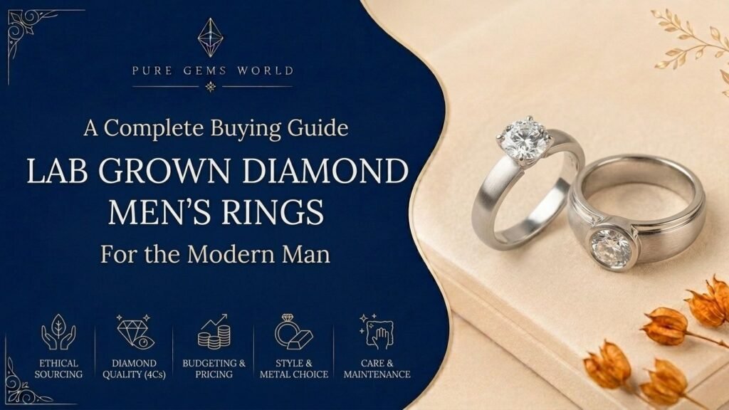 Complete buying guide for lab grown diamond men's rings by Pure Gems World featuring certified solitaire and modern diamond rings for men.