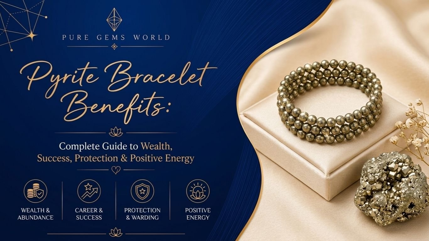 A royal blue and cream minimalist poster from Pure Gems World titled "Pyrite Bracelet Benefits," highlighting wealth, success, protection, and positive energy.