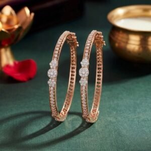 Triple Floral Cluster Lab Grown Diamond Bangle displayed from front view, side view, top view, and angled perspective showcasing its elegant floral cluster design and brilliant lab grown diamonds