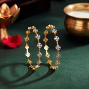 Four Petal Flower Lab Grown Diamond Bangle displayed from front view, side view, top view, and angled perspective with sparkling lab grown diamonds.