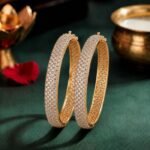 Shimmering Mesh Lab Grown Diamond Bangle featuring premium CVD diamonds displayed from front view, side view, top view, and angled perspective.