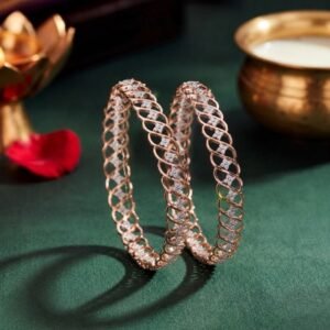 Figure Eight Lattice Lab Grown Diamond Bangle displayed from front view, side view, top view, and angled perspective with sparkling lab grown diamonds.