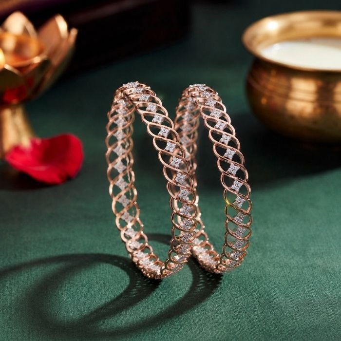 Figure Eight Lattice Lab Grown Diamond Bangle Figure Eight Lattice Lab Grown Diamond Bangle displayed from front view, side view, top view, and angled perspective with sparkling lab grown diamonds.