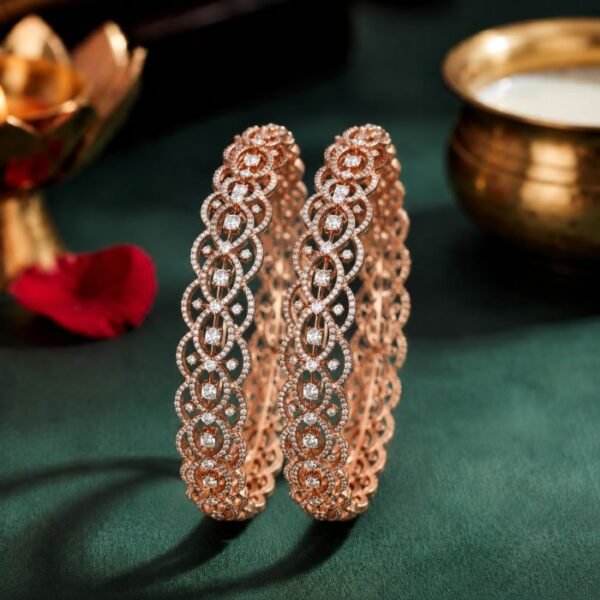 Arabesque Infinite Lab Grown Diamond Bangle featuring premium CVD diamonds displayed from front view, side view, top view, and angled perspective.