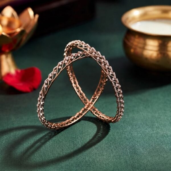 Helical Twist Lab Grown Diamond Bangle displayed from front view, side view, top view, and angled perspective with sparkling lab grown diamonds.