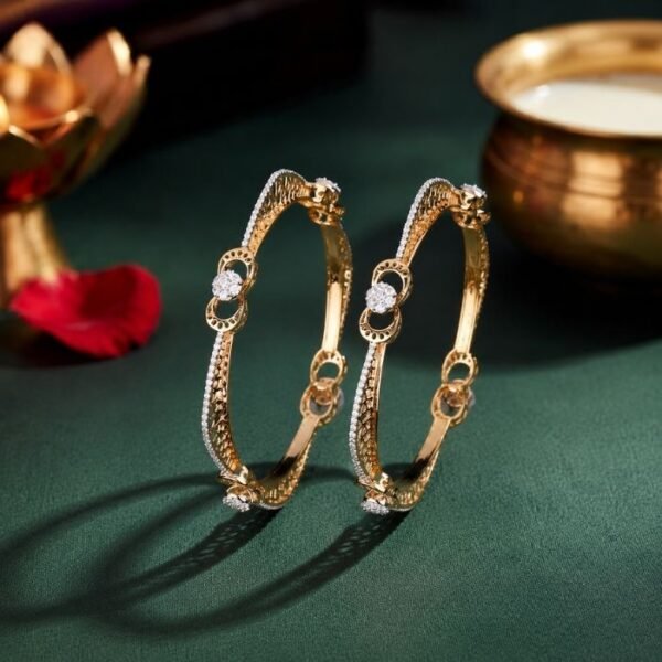 Filigree Floral Lab Grown Diamond Bangle displayed from front view, side view, top view, and angled perspective featuring intricate floral craftsmanship and sparkling lab grown diamonds.