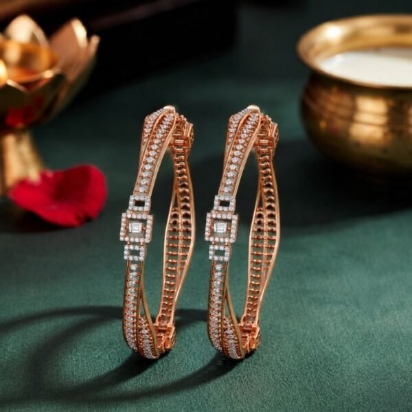 Geometric Glamour Lab Grown Diamond Bangle featuring sparkling CVD diamonds displayed from front view, side view, top view, and angled perspective.