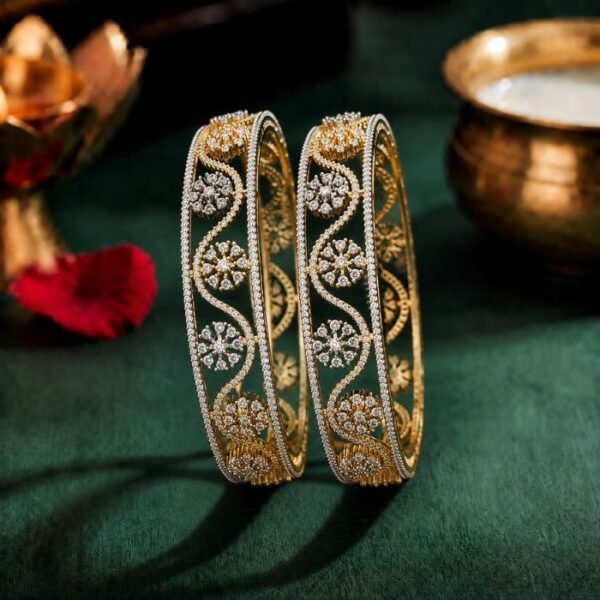 Wave Pattern Lab Grown Diamond Bangle with premium CVD diamonds displayed from front view, side view, top view, and angled perspective.
