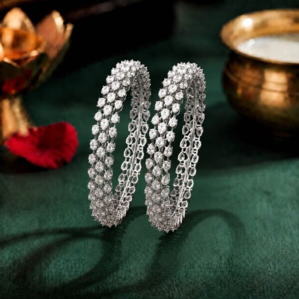 Prisma Three Row Lab Grown Diamond Bangle featuring premium CVD diamonds displayed from front view, side view, top view, and angled perspective.