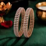 Lace Splendor Lab Grown Diamond Bangle with intricate lace-inspired openwork design displayed from front view, side view, top view, and angled perspective.