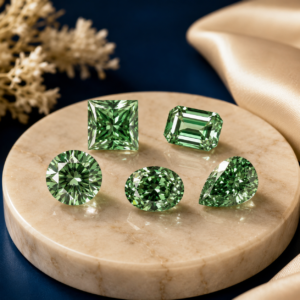 Green loose diamond collection on blue and cream luxury background