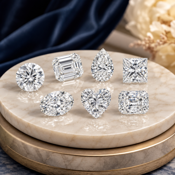 White loose diamond collection on luxury blue and cream background