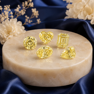 Yellow loose diamond collection on luxury blue and cream background
