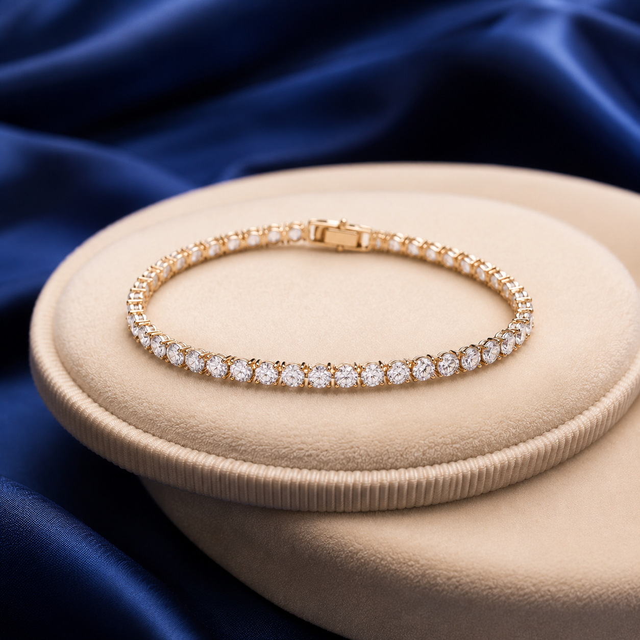 Lab grown diamond tennis bracelet on luxury blue and cream background