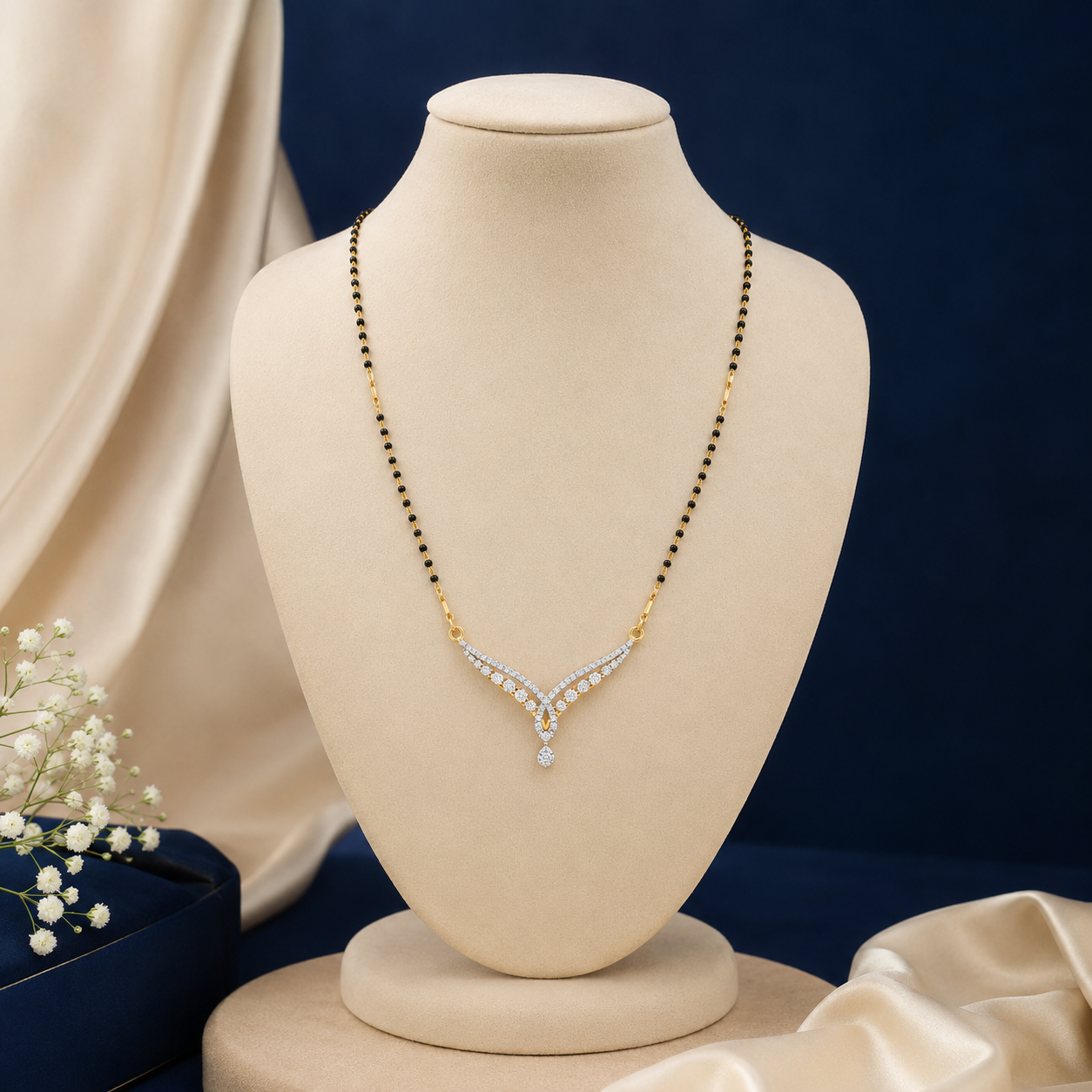 Lab grown diamond mangalsutra on mannequin dummy with blue and cream background