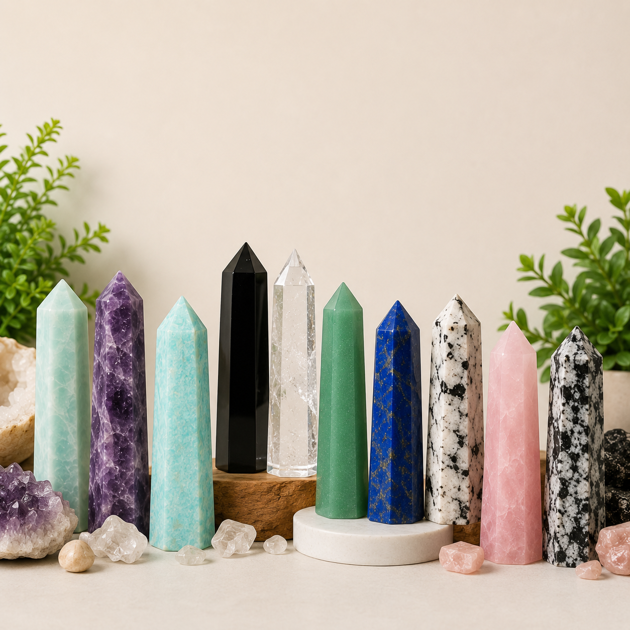 Natural crystal pointing towers collection on blue and cream luxury background