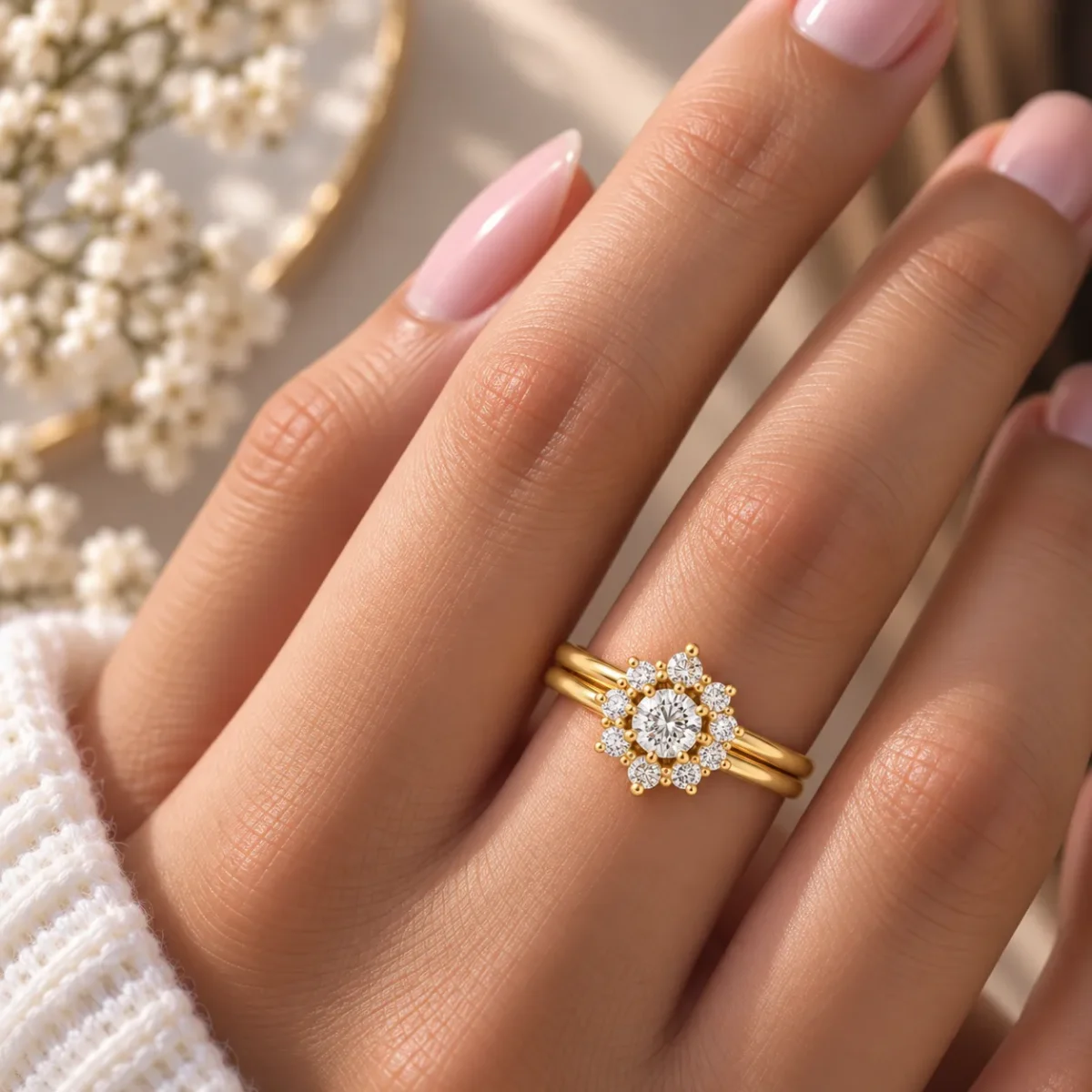 Flower Halo Lab Grown Diamond Ring | Double Band 18K Gold - Image 4