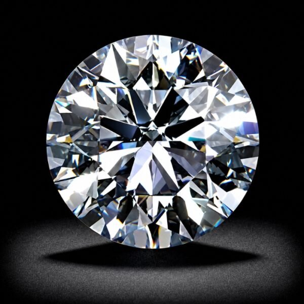 Sparkling round cut loose diamond with brilliant facets and exceptional fire on white background