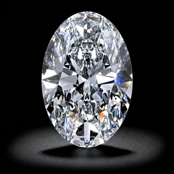 Brilliant oval cut lab grown diamond with elongated shape and exceptional sparkle on white background