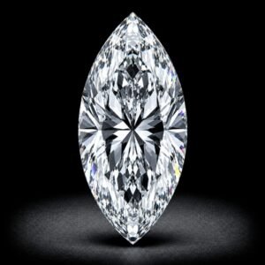 Brilliant marquise cut lab grown diamond with elongated shape and pointed ends on white background