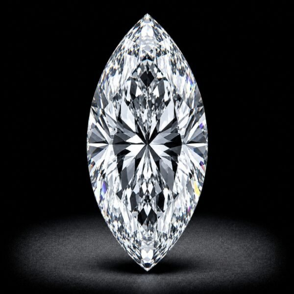 Brilliant marquise cut lab grown diamond with elongated shape and pointed ends on white background