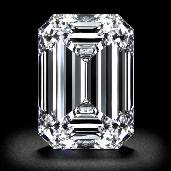 Elegant emerald cut lab grown diamond with step-cut facets and exceptional clarity on white background