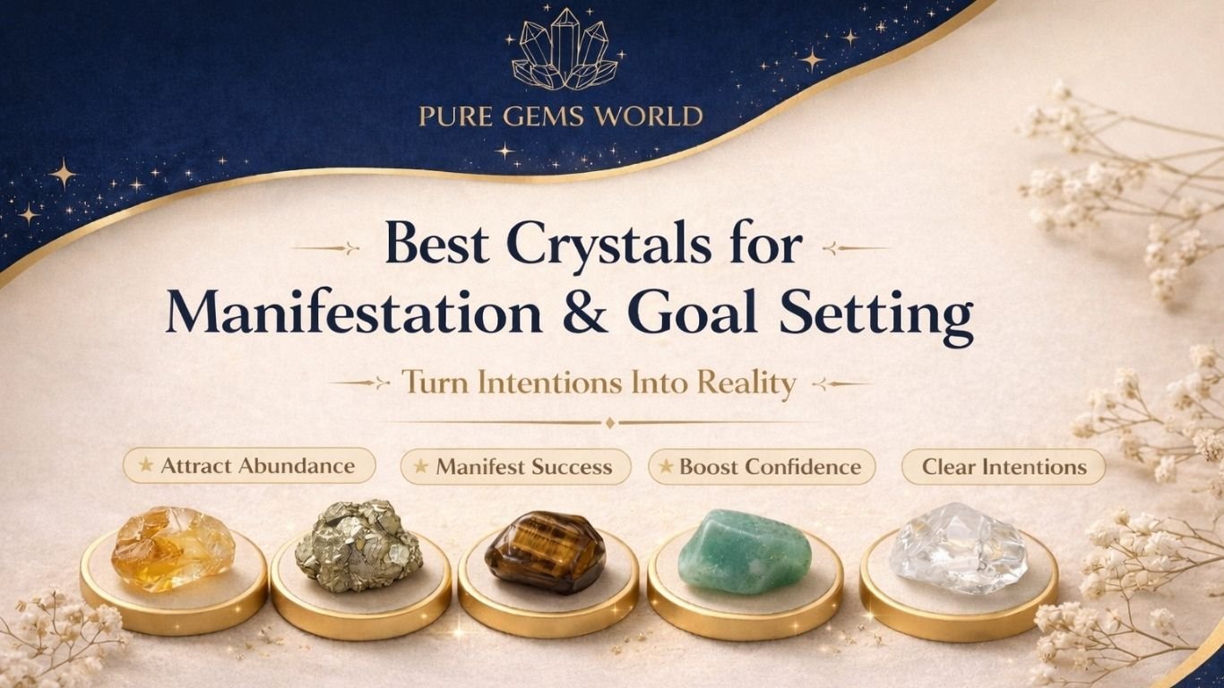 Luxury crystal manifestation poster featuring Citrine, Pyrite, Tiger Eye, Green Aventurine, and Clear Quartz on elegant gold stands with the headline "Best Crystals for Manifestation & Goal Setting" by Pure Gems World.
