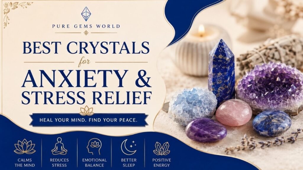 Royal blue and cream-colored blog banner by Pure Gems World featuring Amethyst, Rose Quartz, Sodalite, and Celestite crystals for anxiety and stress relief with the text “Best Crystals for Anxiety & Stress Relief.”