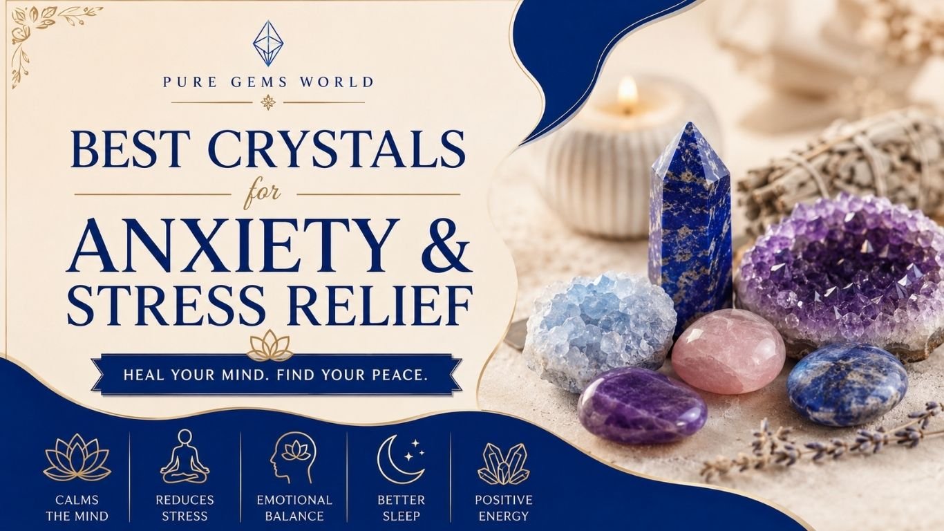 Royal blue and cream-colored blog banner by Pure Gems World featuring Amethyst, Rose Quartz, Sodalite, and Celestite crystals for anxiety and stress relief with the text “Best Crystals for Anxiety & Stress Relief.”