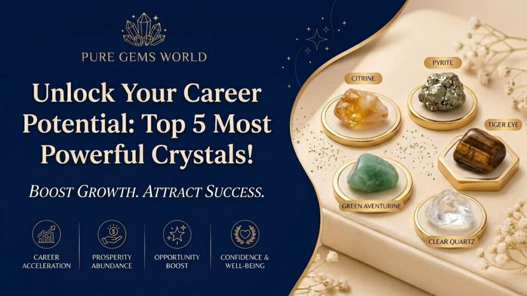Top 5 Most Powerful Crystals for Career Growth featuring Citrine, Pyrite, Tiger Eye, Green Aventurine, and Clear Quartz by Pure Gems World for success, confidence, prosperity, and career acceleration.