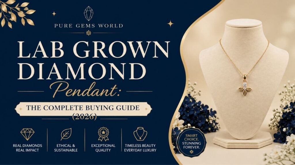 Elegant lab grown diamond pendant in gold on a cream jewelry display stand with navy blue luxury background for the complete 2026 buying guide.