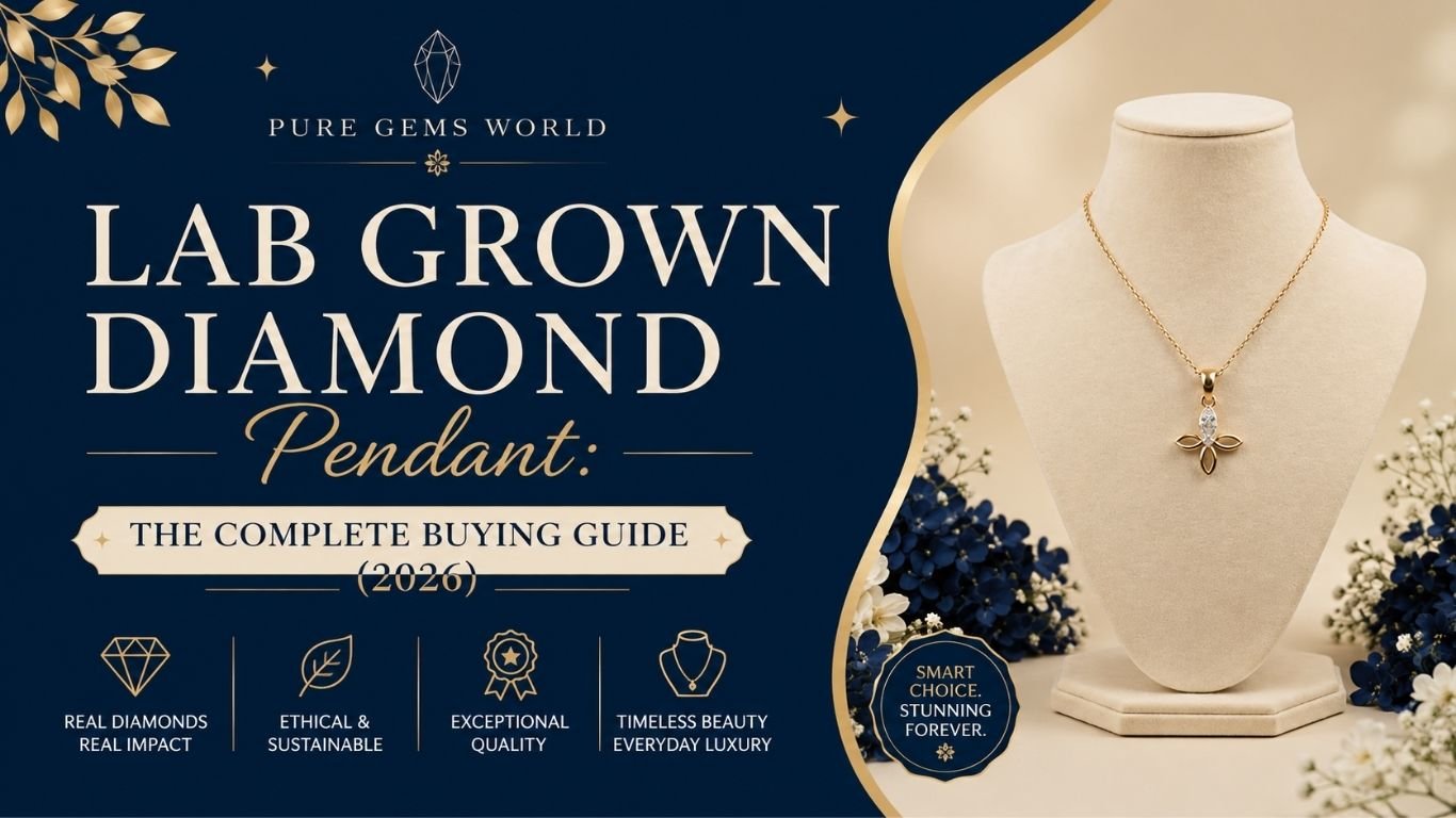 Elegant lab grown diamond pendant in gold on a cream jewelry display stand with navy blue luxury background for the complete 2026 buying guide.