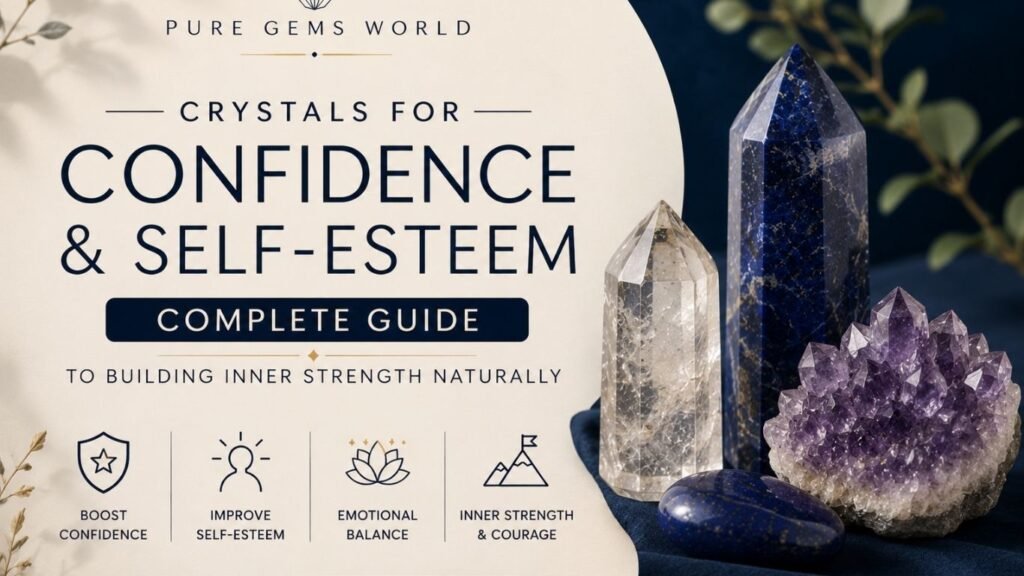 Crystals for Confidence & Self-Esteem Complete Guide poster featuring amethyst, clear quartz, and blue crystal towers on a cream and dark blue background with wellness-themed icons.