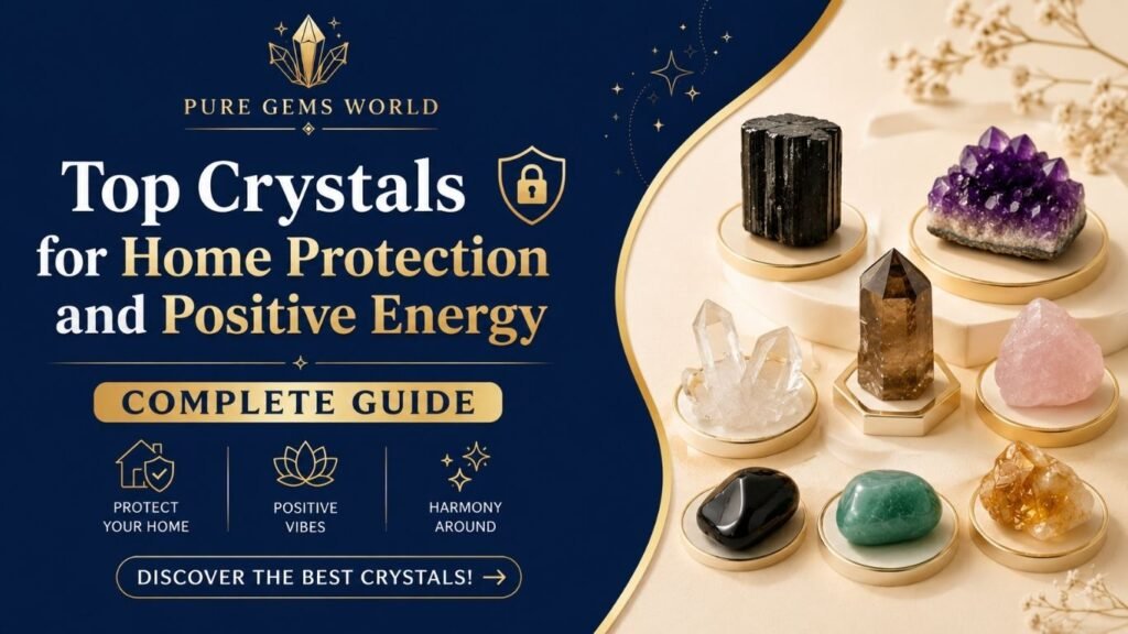 Elegant blog banner featuring Pure Gems World branding, a dark blue and cream background, and various crystals displayed on gold pedestals with the headline "Top Crystals for Home Protection and Positive Energy – Complete Guide."