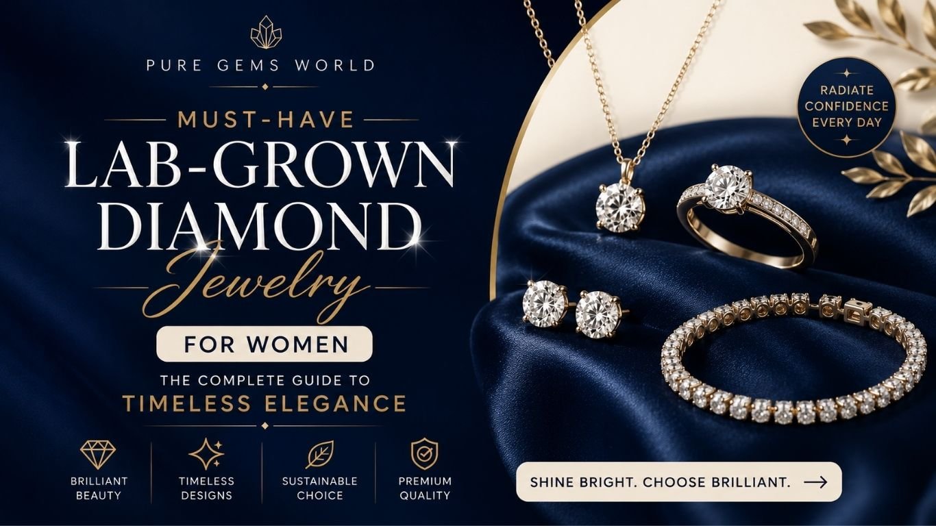 Luxury lab-grown diamond jewelry collection featuring a diamond ring, pendant necklace, stud earrings, and tennis bracelet on a dark blue satin background with Pure Gems World branding.