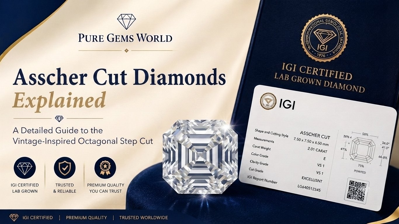 IGI Certified Asscher Cut Lab Grown Diamond with certification card by Pure Gems World. Detailed guide to vintage-inspired octagonal step cut diamonds for 2026.