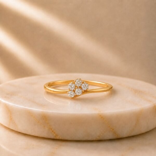 Elegant floral cluster lab grown diamond ring in yellow gold featuring six brilliant round diamonds, ideal for engagement, promise, anniversary, and everyday wear.