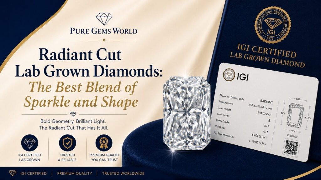 IGI Certified Radiant Cut Lab Grown Diamond with certification card by Pure Gems World. Premium radiant cut CVD diamond buying guide highlighting exceptional brilliance and modern elegance.