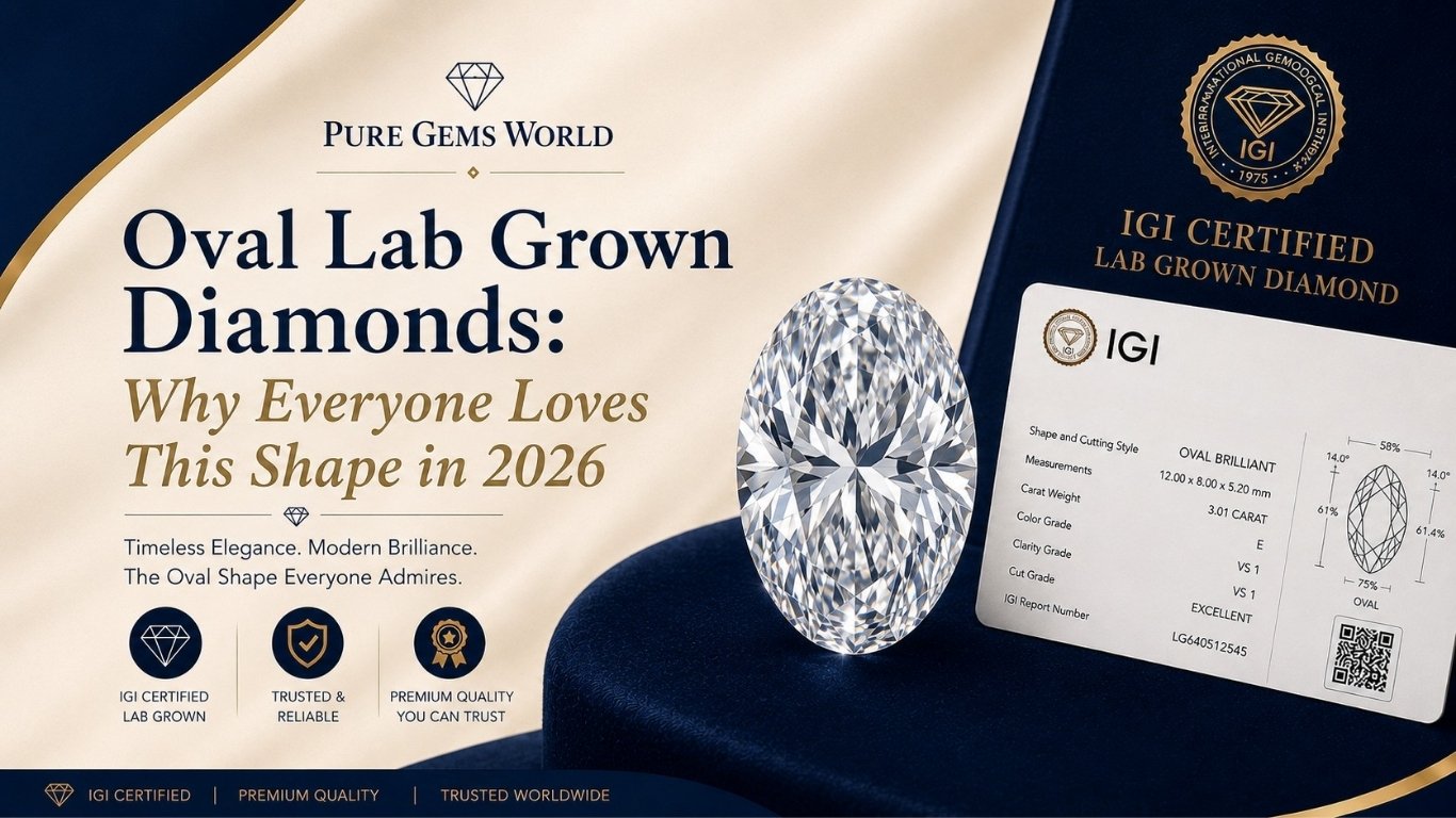 IGI Certified Oval Lab Grown Diamond with certification card by Pure Gems World. Premium oval brilliant CVD diamond buying guide showcasing timeless elegance and exceptional brilliance.