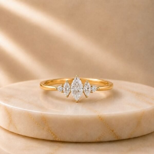 Stella Marquise Lab Grown Diamond Ring displayed from front view, side view, top view, and angled perspective featuring a brilliant marquise-cut lab grown diamond.